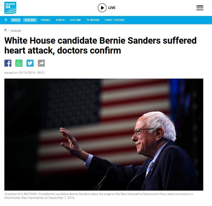 民主党总统参选人桑德斯突发心脏病入院，装了2根支架已出院