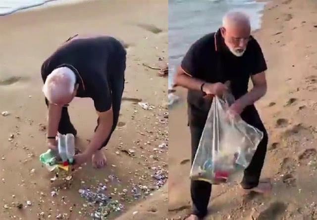 莫迪光脚在沙滩捡垃圾超半小时，身体力行做环保获网友好评
