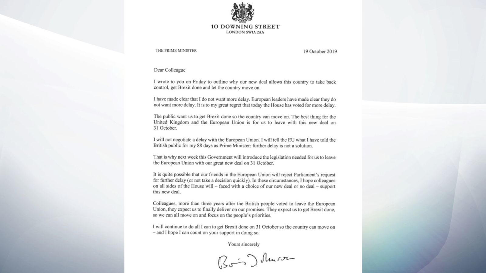 英国首相约翰逊发函正式表态:不会向欧盟申请延期