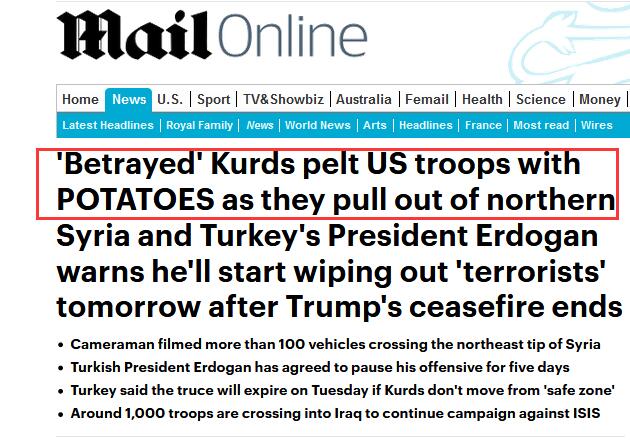 美军撤离叙北 库尔德人用土豆猛砸军车：美国骗子！